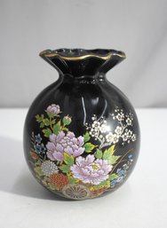 Black Porcelain Vase With Hand-Painted Floral Design