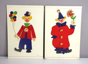 Vintage Clown Artwork  Signed Mixed Media Felt Collage (Set Of 2)  18 H X 12 W