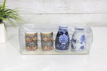 Pier 1 Imports Salt & Pepper Shakers Set  4 Piece Mandala & Blue Floral  New In Box