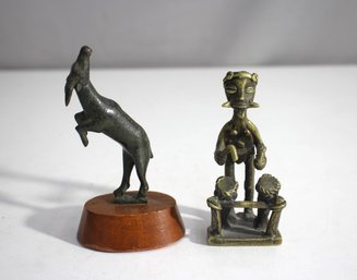 Pair Of Brass Figurines  Drum Player And Standing Goat