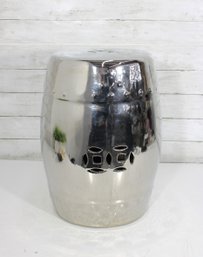 Silver Chrome Tone  Glazed Ceramic Garden Stool  18 Tall  Modern Accent Table / Chinoiserie Style