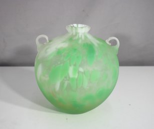Art Deco Style Frosted Green & White Art Glass Vase With Loop Handles  7.5 Tall
