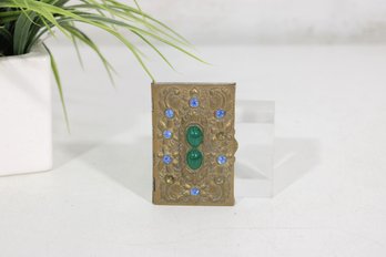 Vintage Ornate Brass Business Card Holder  Jeweled Blue & Green Stones  Victorian Style