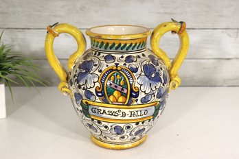 Vintage Italian Majolica Double Handle Apothecary Jar  Grass D Rillo  Hand Painted  9 Tall