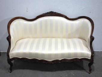 Antique Louis XV Style Settee With Cream Striped Upholstery