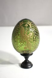 5.5'h  Imperial Etched Glass Egg - Emerald Green Gold Gilt With Stand