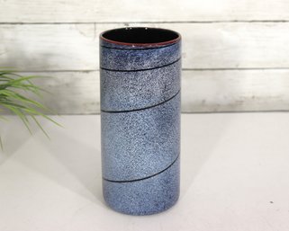 Signed Studio Art Pottery Cylinder Vase  Speckled Blue Modern Minimalist  9 Tall