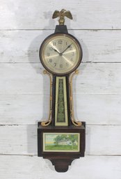 Vintage Wall Clock With Eagle Finial & Painted Panel  Decorative Wood Clock  17.5' X 5'-Untested