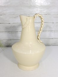Vintage Italian Ceramic Pitcher Vase  Cream Glaze W/ Braided Handle  14' Tall