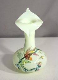 Antique Hand-Blown Satin Glass Vase  9'  Hand-Painted Bird & Floral Design