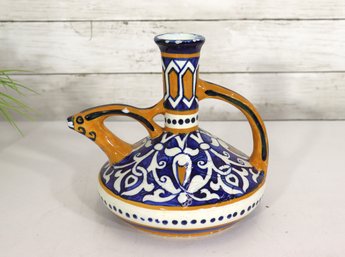 Vintage Hand Painted Spanish / Italian Majolica Animal Spout Pitcher  Blue & Yellow  8 Tall