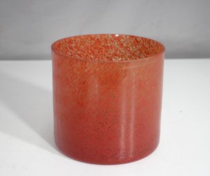 Hand-Blown Art Glass Cylinder Vase In Speckled Red & White  5.75H X 6W