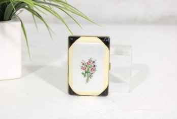 Vintage Floral Cigarette Case Holder  Gold Tone W/ Porcelain Style Panel  3'