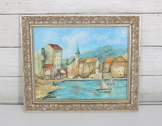 Vintage Framed Coastal Village Painting  Sailboats Harbor Scene  Ornate Frame  10 X 12