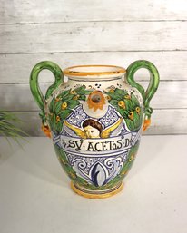 Vintage Rigattieri Italian Majolica Apothecary Jar  SV. ACETOS  Hand Painted Cherub & Floral  10 Tall