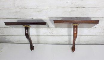 Pair Vintage Wooden Wall Shelves  Curved Bracket Display Shelves W/ Brass Accents  9 X 12 X 8