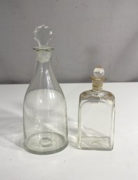 Pair Of Antique Glass Decanters  6.5' & 9.5' Tall With Stoppers