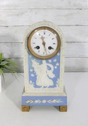 Neoclassical Blue & White Mantel Clock With Classical Relief  Untested  12' H X 6' W X 3' D