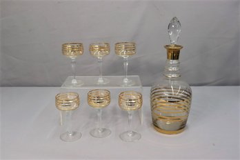 Vintage Venetian Style Gold Banded Coupes (6) And Decanter With Teardrop Finial