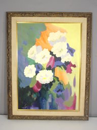 Vintage Impressionist Floral Painting  Signed  34 X 26-(oil Or Acrylic On Canvas )