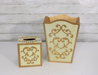 Vintage Wooden Wastebasket & Tissue Box Cover Set  Cream & Gold Scroll Design