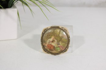 Vintage French Celluloid Powder Compact  Romantic Rural Scene Lid  1940s Collectible