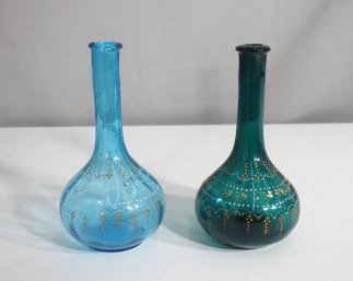 Pair Of Hand-Blown 7.5' & 8' Art Glass Bottles  Enameled Floral Design
