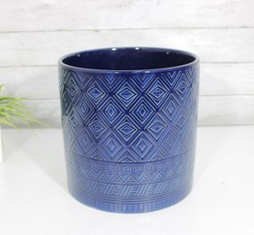Blue Geometric Ceramic Planter / Cache Pot  Embossed Pattern  10 X 9.5' Round