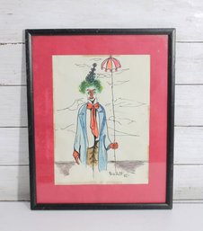 Signed Bradett 65 Original Clown Illustration  Framed Vintage Artwork 14.5' X 11.5'