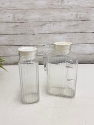 Pair Of Ribbed Glass Beverage Pitchers W/ Lids  Vintage Modern  10' H