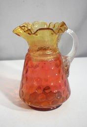 Antique 9.5' Amberina Coin Dot Glass Pitcher  Ruffled Rim & Clear Handle