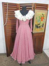 Vintage Pink Chiffon Polka Dot Gown  Small  Dramatic White Ruffle Collar