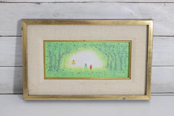 Signed Enamel On Copper Painting  Children In Forest Scene Framed Artwork 9' X 13.5'
