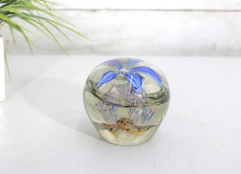 Art Glass Floral Paperweight With Blue Flower & Controlled Bubbles  Studio Glass  3' H