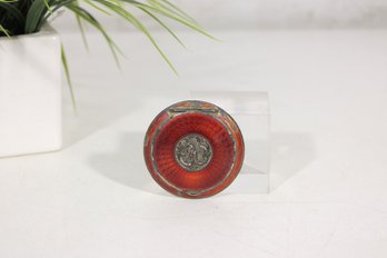 Vintage Red Guilloch Enamel Powder Compact W/ Ornate Medallion  2.5'