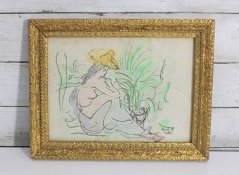 Signed Bradett 1966 Original Nude Figure Drawing  Framed Vintage Artwork 10' X 12.5'