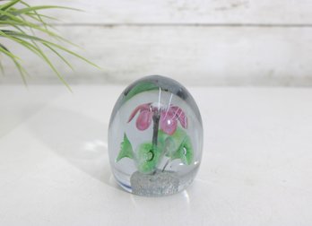 Art Glass Floral Paperweight With Pink Flower  Studio Glass  3.5' H