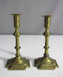 'Antique Brass Candlestick Pair - 8.5 H - Repaired Bases'