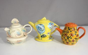 Collection Of 3 Artist-Crafted Ceramic Teapots  Hand-Painted, Signed Works