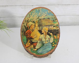 Vintage Folk Art Wood Slice Wall Plaque  Rustic Cottage Scene  10 X 8