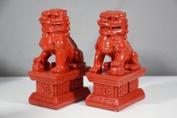 Pair Of CB2 Fu Dog Lion Red Bookend Figurine-resin