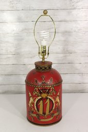Vintage Red Tin Can Converted Table Lamp  Decorative Heraldry #11 Design