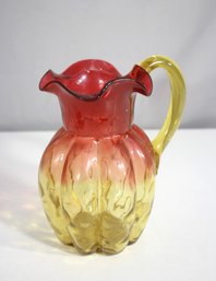 Amberina Thumbprint 8' Art Glass Pitcher  Ruffled Rim & Applied Handle