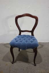 Victorian Balloon-Back Chair With Tufted Blue Velvet Seat