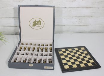 Italfama Brass Staunton Chess Set  Gold & Silver Tone Metal Pieces W/ Case & Board  Italy