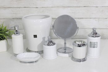 7-Piece White & Chrome Bathroom Accessory Set  Wastebasket, Soap Dispenser, Mirror & More