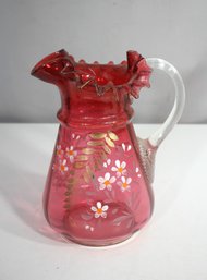 Fenton Hand-Blown & Hand-Painted Cranberry Glass Pitcher  9' Ruffled Rim