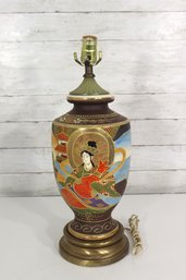 Vintage Asian Satsuma Style Hand Painted Table Lamp  Moriage Detail  20 Tall