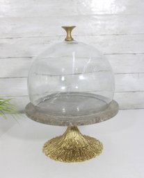Michael Aram Cake Stand W/ Glass Dome  Metal Base & Marble Plate  5.5 X 10.5' Round