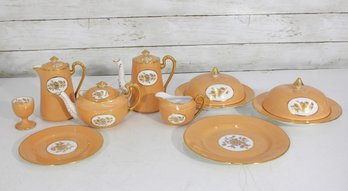 Vintage Hand-Painted China Tea & Dinner Service  Apricot/Peach With Gold Floral Medallions  Teapot, Covered